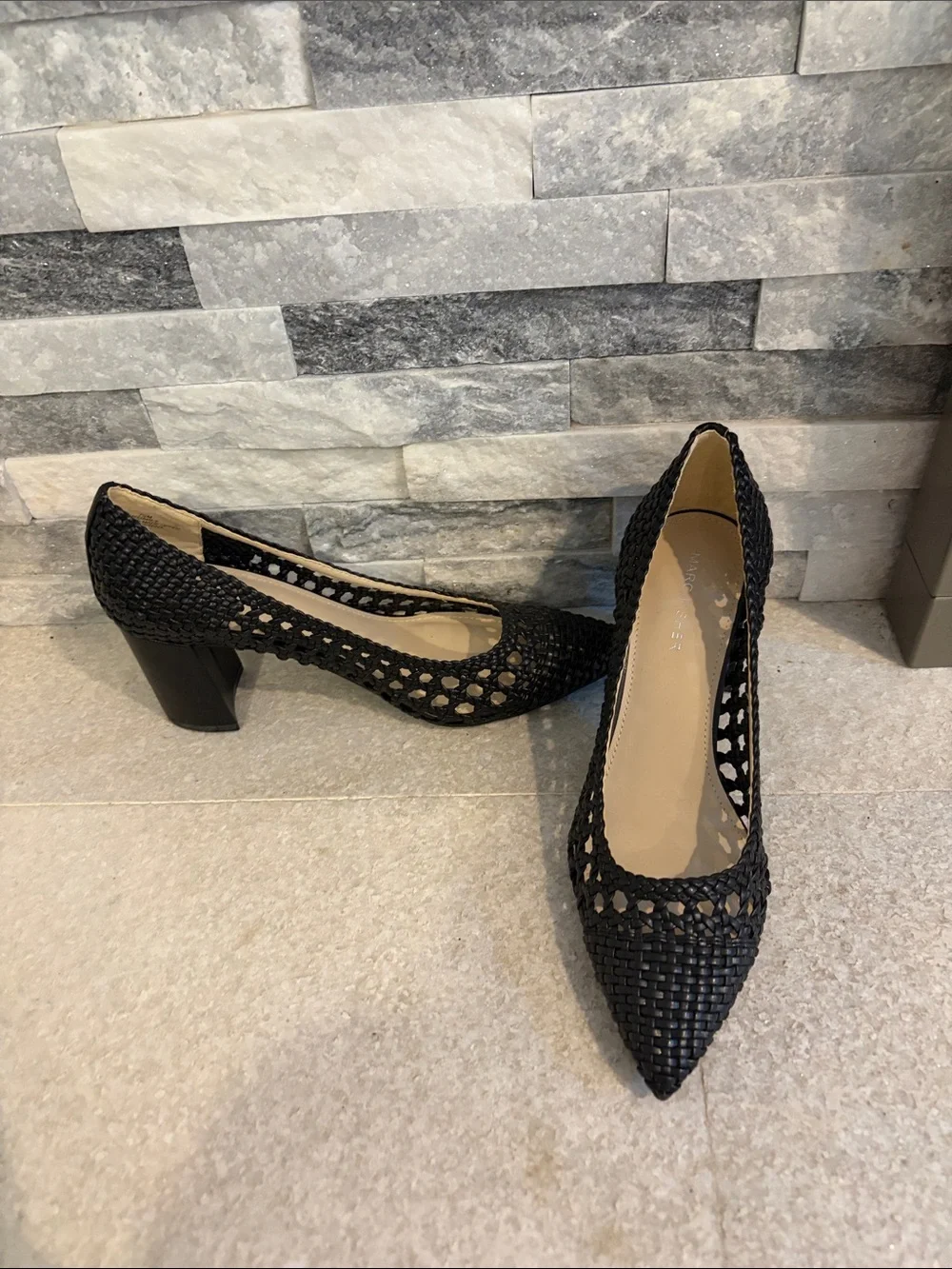 Marc Fisher Viviane Black Woven Pointed Toe Block Heel Pumps Women's Size 7.5
